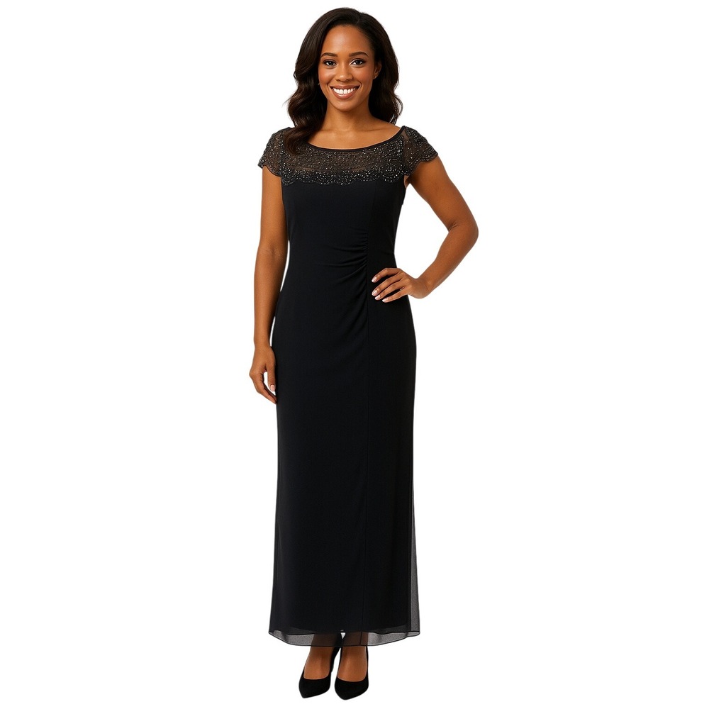 MSK Dress 8 Navy Blue Scallop Trim Beaded Sheer Ruching Elegant Wedding MOB NEW